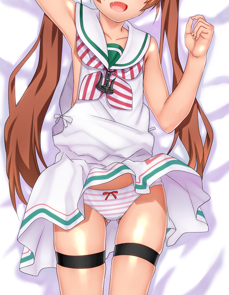 blush brown_hair dakimakura dress fang head_out_of_frame kantai_collection libeccio_(kantai_collection) long_hair lying okina_ika on_back open_mouth panties sailor_dress sleeveless smile striped striped_panties twintails underwear
