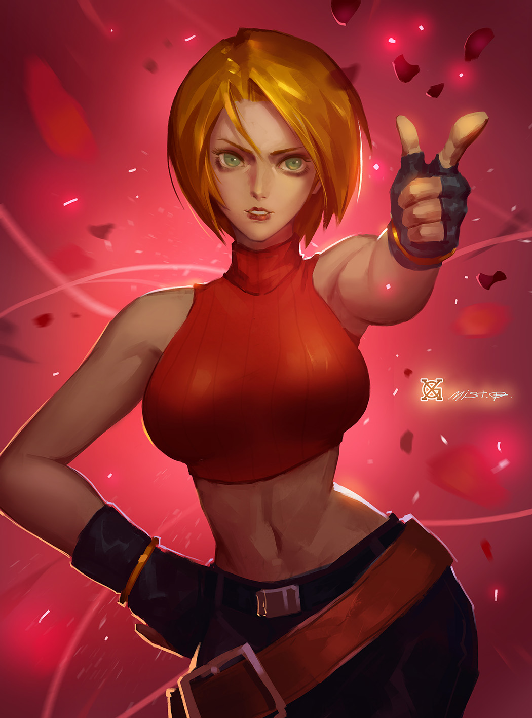 1girl abs baggy_pants bare_shoulders belt blonde_hair blue_eyes blue_mary breasts crop_top fatal_fury fingerless_gloves gloves halterneck highres large_breasts midriff navel pants short_hair snk solo straight_hair the_king_of_fighters xiaoguimist