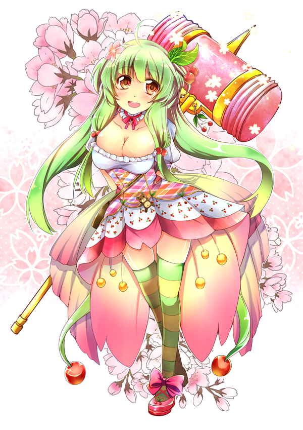 1girl ahoge bow breasts cherry_(flower_knight_girl) cherry_blossoms cherry_hair_ornament choker cleavage flower flower_knight_girl food_themed_clothes food_themed_hair_ornament full_body green_hair hair_flower hair_ornament hammer hoshino_nazuna long_hair looking_at_viewer object_namesake oversized_object pink_bow pink_shoes red_eyes shoes sidelocks skirt smile solo standing striped striped_legwear thigh-highs