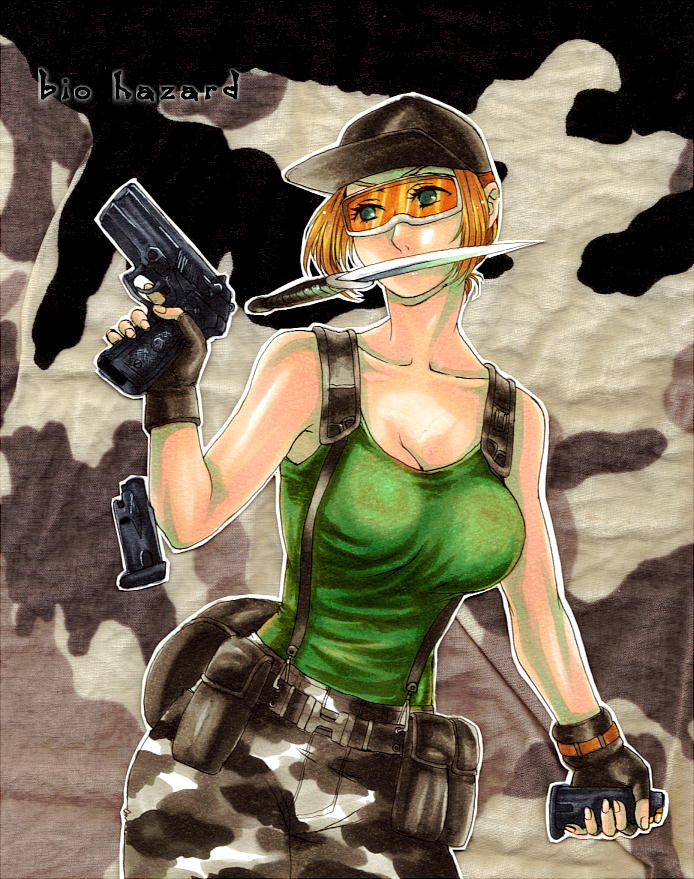 1girl blue_eyes breasts brown_hair fingerless_gloves gloves gun jill_valentine kikimimi_612 large_breasts resident_evil short_hair solo weapon