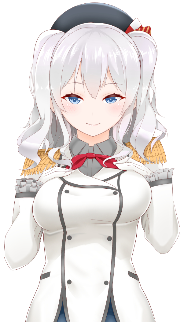 1girl beret blue_eyes blush breasts buttons epaulettes hands_on_own_chest hat jacket kantai_collection kashima_(kantai_collection) kerchief large_breasts light_smile looking_at_viewer military military_uniform sidelocks silver_hair simple_background smile solo twintails uniform upper_body wavy_hair white_background yasuto_(eria151)
