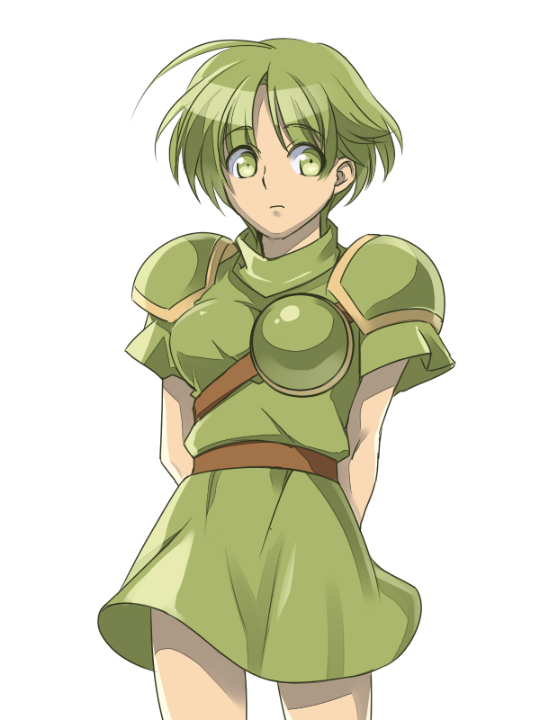 1girl alternate_breast_size armor arms_behind_back asellus_(saga_frontier) breasts dress green_dress green_eyes green_hair kanikame saga saga_frontier shoulder_armor solo