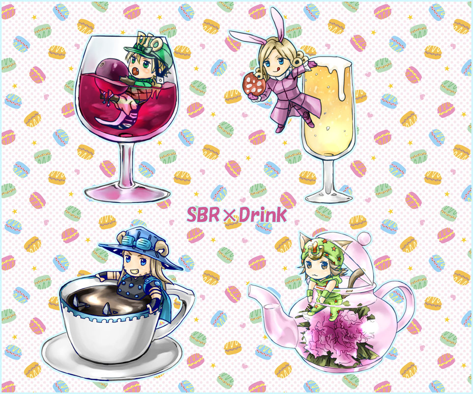alcohol animal_ears beer blonde_hair blue_eyes boots brown_boots brown_eyes cape cat_ears cat_tail chibi cookie cowboy_hat cup diego_brando dinosaur_tail drinking_glass facial_hair fang fingerless_gloves flower food fruit funny_valentine gloves goggles_on_hat grapes green_eyes grin gyro_zeppeli hat horns horseshoe johnny_joestar jojo_no_kimyou_na_bouken kemonomimi_mode light_brown_hair long_hair open_mouth partially_submerged plate rabbit_ears ryugue sheep_horns smile spurs star_print steel_ball_run tail teacup teapot wine wine_glass wristband