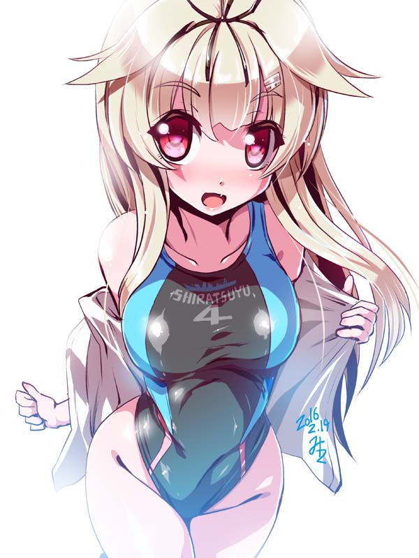1girl artist_name black_ribbon blonde_hair clenched_hand collarbone competition_swimsuit dated eyebrows eyebrows_visible_through_hair hair_flaps hair_ornament hair_ribbon hairclip highleg highleg_swimsuit hips kantai_collection long_hair looking_at_viewer miuku_(marine_sapphire) one-piece_swimsuit open_mouth pink_eyes ribbon simple_background skin_tight solo standing straight_hair swimsuit undressing white_background yuudachi_(kantai_collection)
