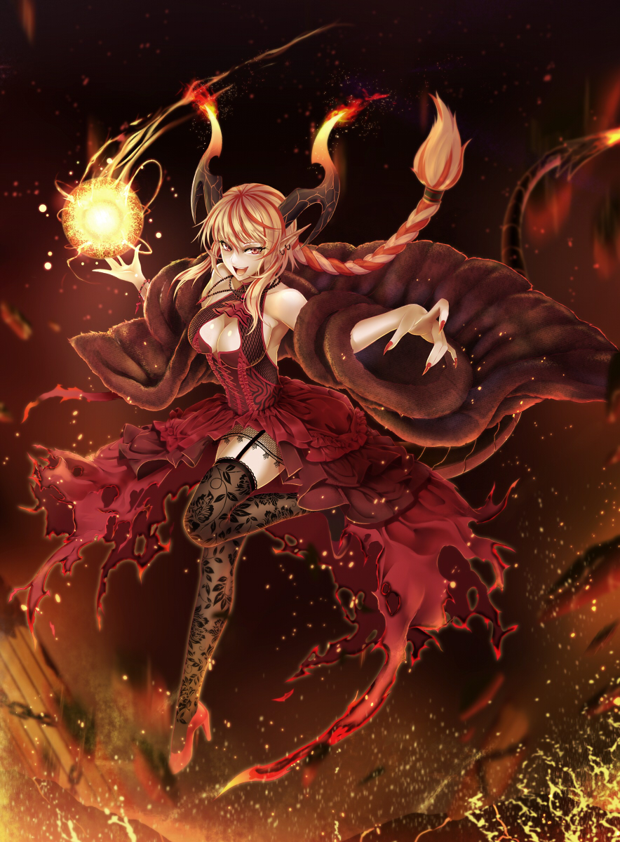&gt;:d 1girl :d armpits bare_shoulders black_legwear blonde_hair braid breasts cleavage cleavage_cutout dragon_girl dragon_horns dragon_tail dress earrings energy_ball fingernails fire fur_coat garter_straps high_heels highres horns jewelry large_breasts looking_at_viewer nail_polish open_mouth original pointy_ears red_dress red_nails sharp_fingernails single_braid smile solo tail thigh-highs torn_clothes torn_dress wada_masanori yellow_eyes