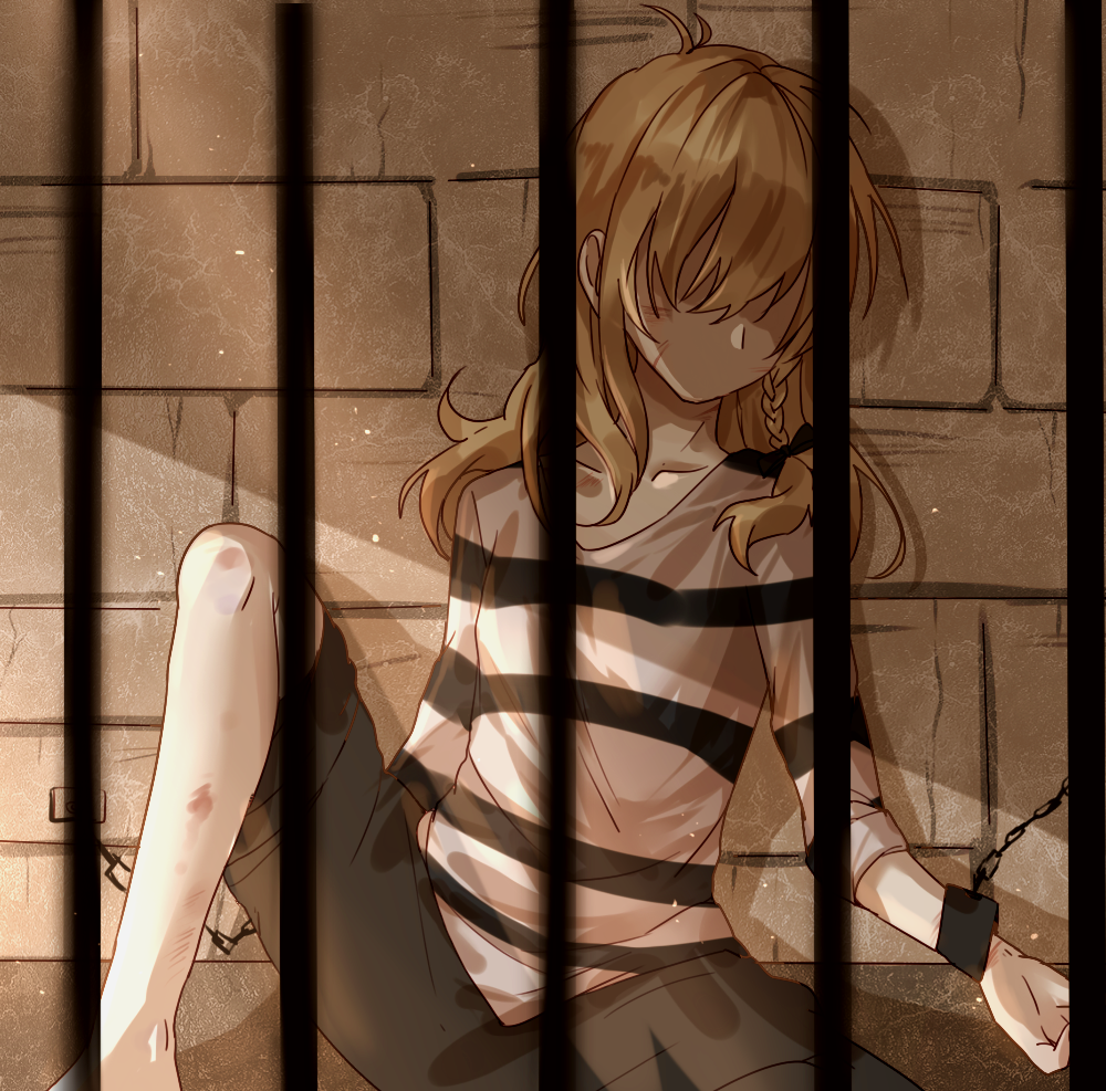 1girl barefoot black_shorts blonde_hair blurry bow braid chain chained collarbone depth_of_field faceless flat_chest hair_bow hair_over_eyes head_tilt kirisame_marisa leaning_back legs light light_particles light_rays long_hair meng_ziya no_mouth prison prison_cell prison_clothes scratches shaded_face shadow shorts single_braid sitting sleeves_rolled_up solo spread_legs stone_wall touhou wall