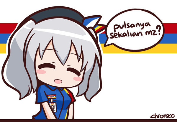 1girl :d ^_^ alternate_costume artist_name beret blush_stickers chibi chroneco closed_eyes convenience_store employee_uniform hat indonesia indonesian kantai_collection kashima_(kantai_collection) looking_at_viewer open_mouth shop silver_hair smile solo twintails uniform