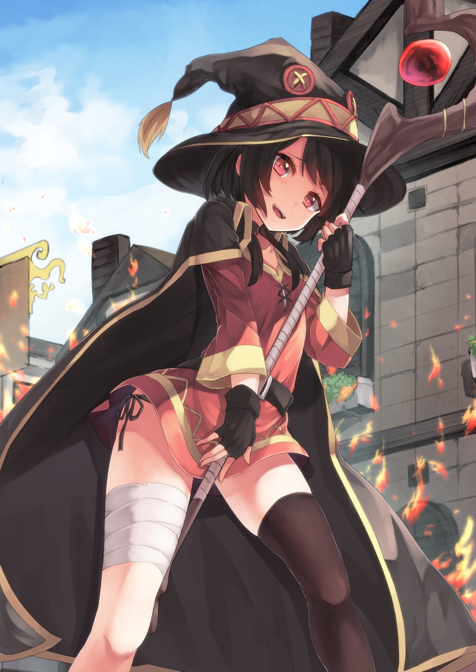 1girl bandaged_leg bandages bangs belt black_cape black_gloves black_hair black_legwear black_panties blue_sky building burning buttons cape clouds cross-laced_clothes dress fingerless_gloves fire flat_chest from_below gloves hat highres holding_staff house kono_subarashii_sekai_ni_shukufuku_wo! legs_apart long_sleeves looking_at_viewer megumin outdoors panties plant potted_plant red_eyes saraki short_dress short_hair side-tie_panties single_thighhigh sky solo staff standing swept_bangs tassel thigh-highs tree underwear upskirt witch_hat