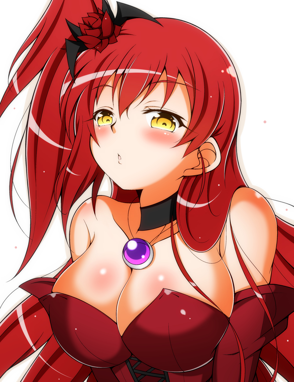 blush breasts bunny1219 character_request choker cleavage gem hair_ornament highres kaitou_tenshi_twin_angel large_breasts long_hair looking_at_viewer parted_lips redhead side_ponytail upper_body yellow_eyes