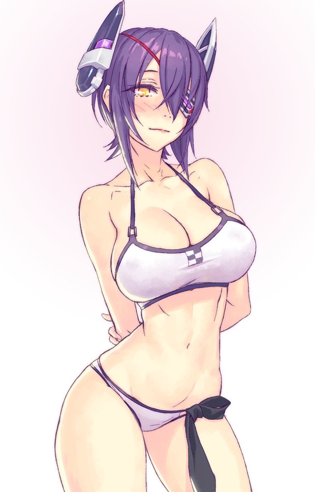 1girl and arms_behind_back bare_shoulders bikini blush breasts cleavage collarbone eyepatch groin headgear kantai_collection large_breasts looking_at_viewer navel purple_hair short_hair solo swimsuit tenryuu_(kantai_collection) yellow_eyes