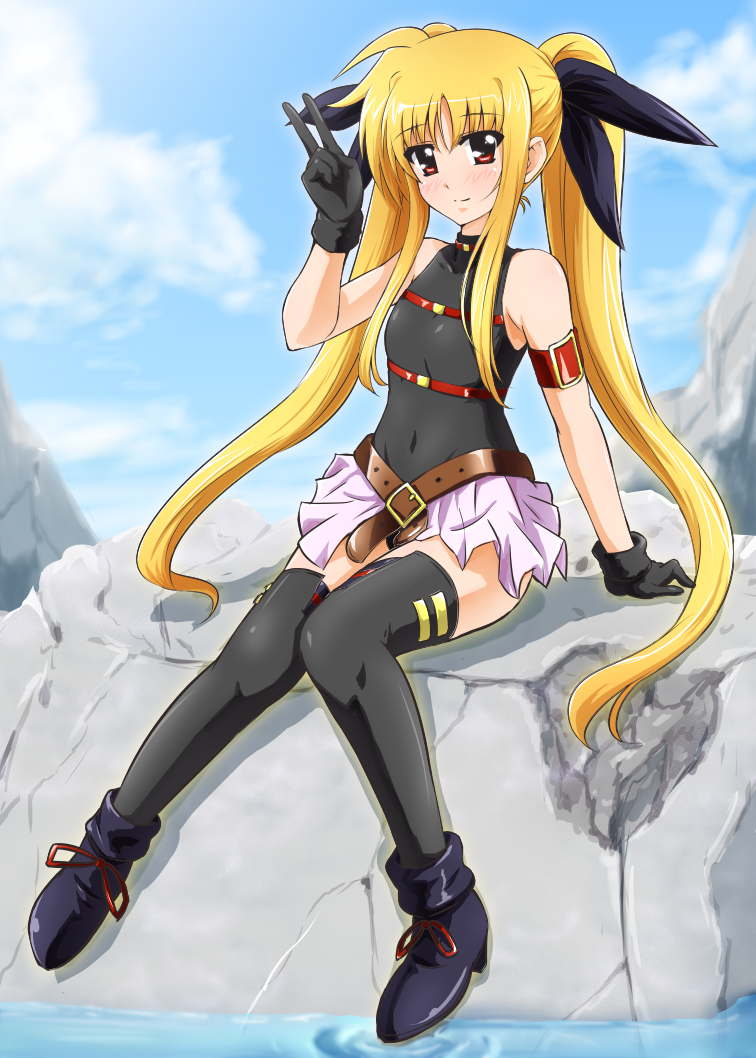 1girl arm_strap bare_shoulders belt black_gloves black_legwear blonde_hair blush boots boulder buckle clouds covered_navel diesel-turbo fate_testarossa gloves hair_ribbon leotard long_hair looking_at_viewer lyrical_nanoha mahou_shoujo_lyrical_nanoha mahou_shoujo_lyrical_nanoha_the_movie_1st red_eyes ribbon shiny shiny_clothes shiny_hair sidelocks sitting skirt sky smile solo thigh-highs twintails v water