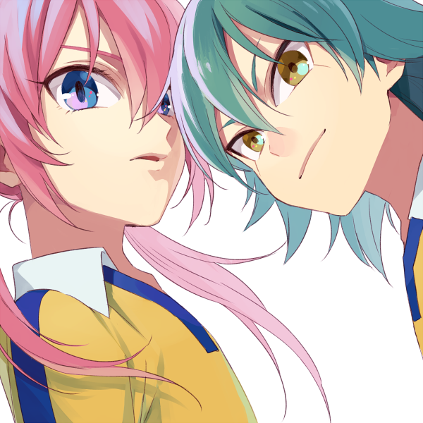 2boys aqua_hair blue_eyes face inazuma_eleven_(series) inazuma_eleven_go kariya_masaki kirino_ranmaru long_hair male_focus multiple_boys parted_lips pink_hair raimon raimon_soccer_uniform riho soccer_uniform sportswear twintails upper_body white_background