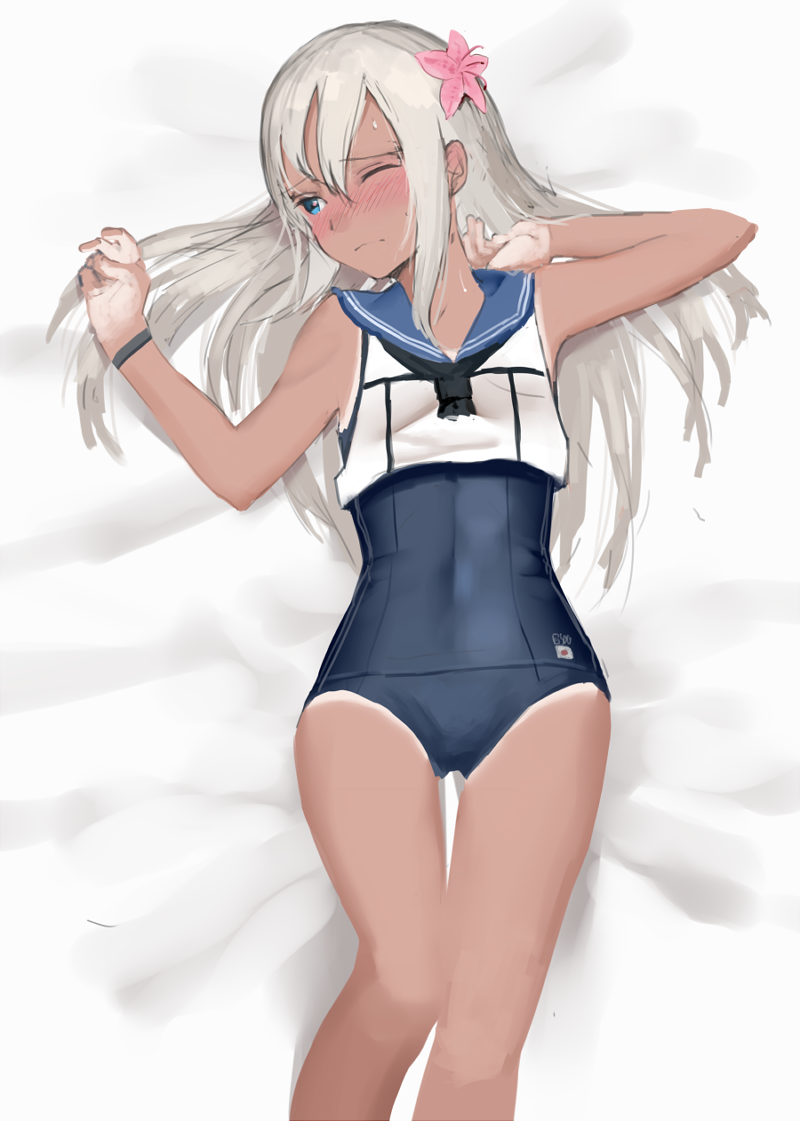 1girl blue_eyes blush commentary_request covered_navel crop_top flower fujibejifu hair_flower hair_ornament kantai_collection lying on_back one-piece_tan one_eye_closed ro-500_(kantai_collection) sailor_collar school_swimsuit sketch solo swimsuit swimsuit_under_clothes tan tanline