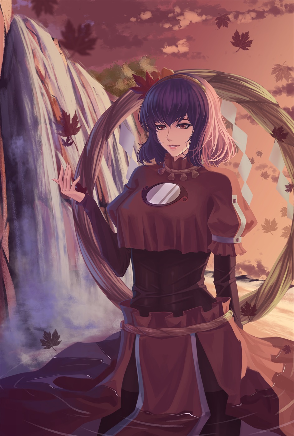 1girl bangs breasts brown_eyes clouds cowboy_shot crop_top falling_leaves hair_ornament hairband highres leaf leaf_hair_ornament long_skirt long_sleeves maple_leaf mirror motion_blur multicolored_hair outdoors parted_lips partially_submerged pink_hair pink_lips puffy_short_sleeves puffy_sleeves purple_hair red-d red_skirt rope shide shimenawa short_over_long_sleeves short_sleeves skirt sky solo standing sunset tassel touhou tree two-tone_hair wading water waterfall yasaka_kanako