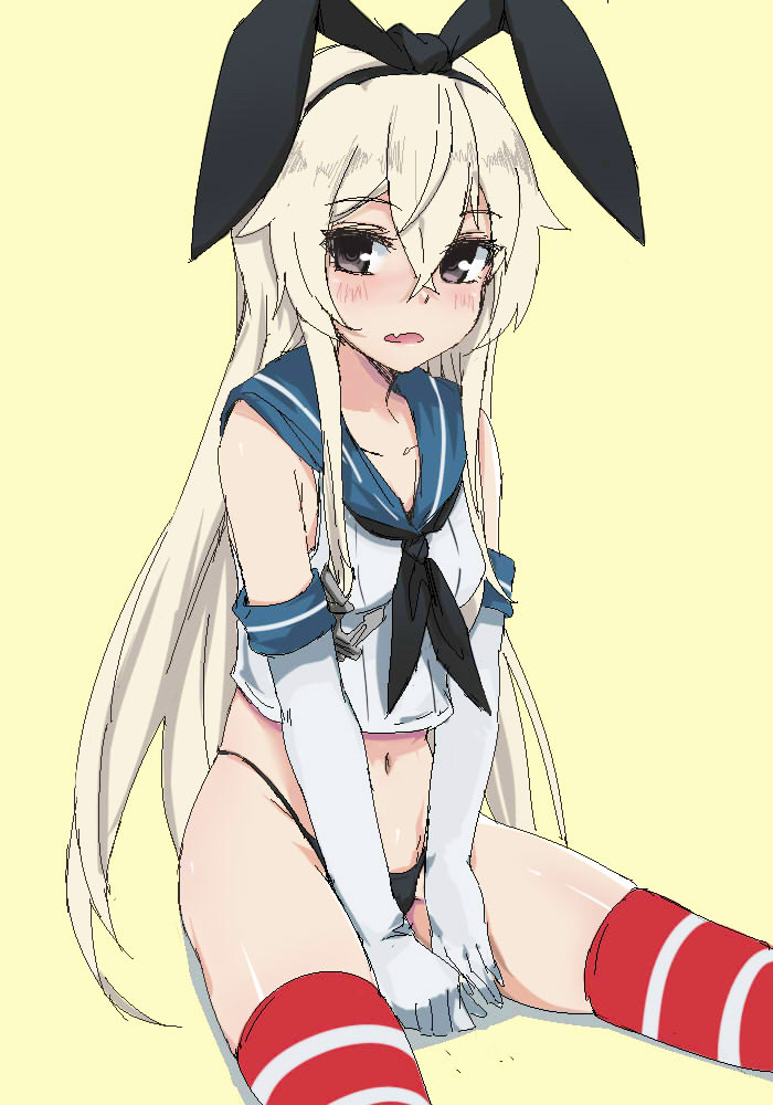 1girl anchor_hair_ornament black_eyes black_panties blonde_hair blush elbow_gloves gloves hair_ornament hairband kantai_collection kyouki long_hair navel panties shimakaze_(kantai_collection) simple_background sitting solo striped striped_legwear thigh-highs underwear white_gloves yellow_background