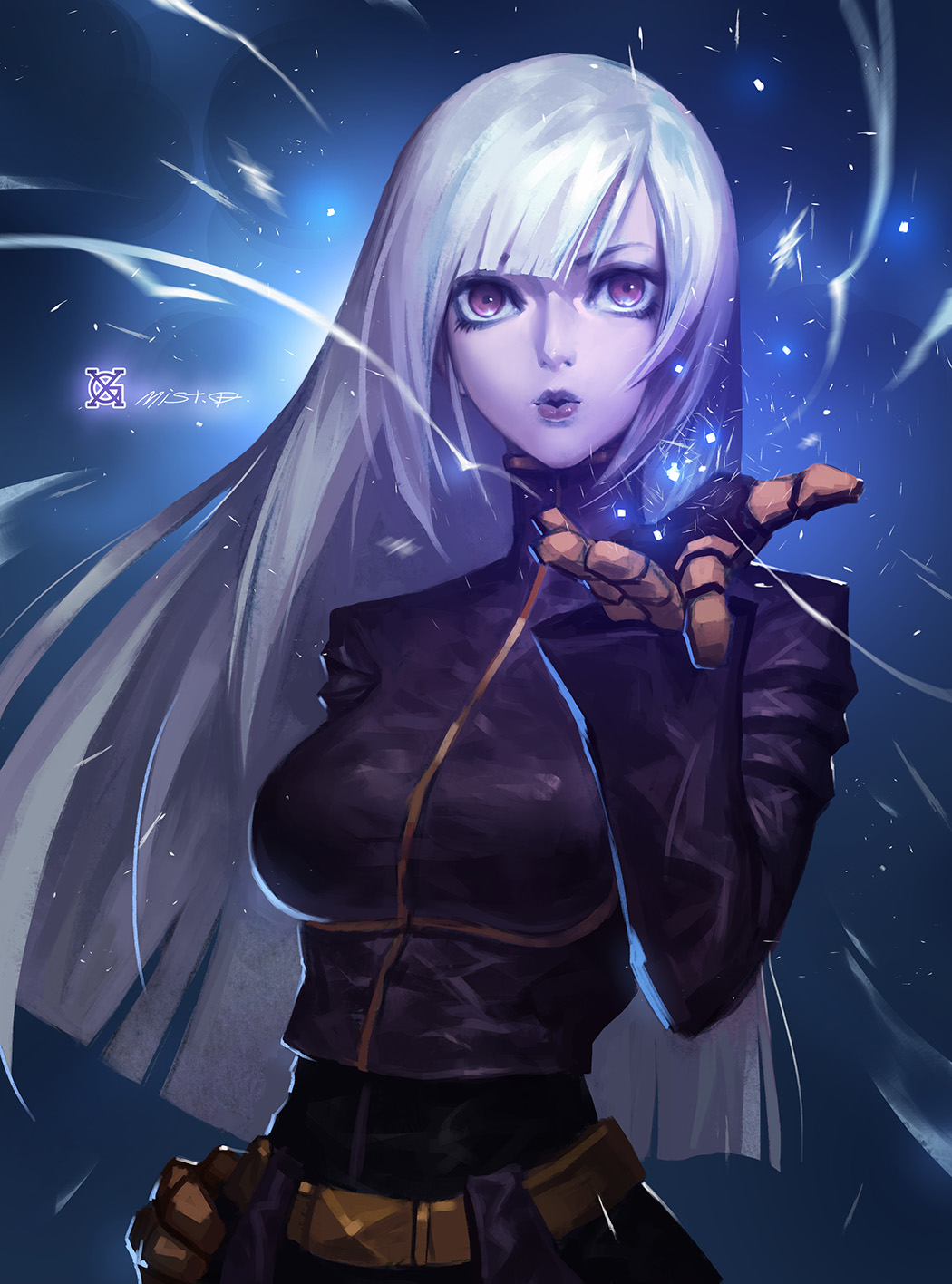 artist_name gloves hand_on_hip highres kula_diamond lipstick long_hair looking_up magic makeup pale_skin purple_hair the_king_of_fighters white_hair xiaoguimist
