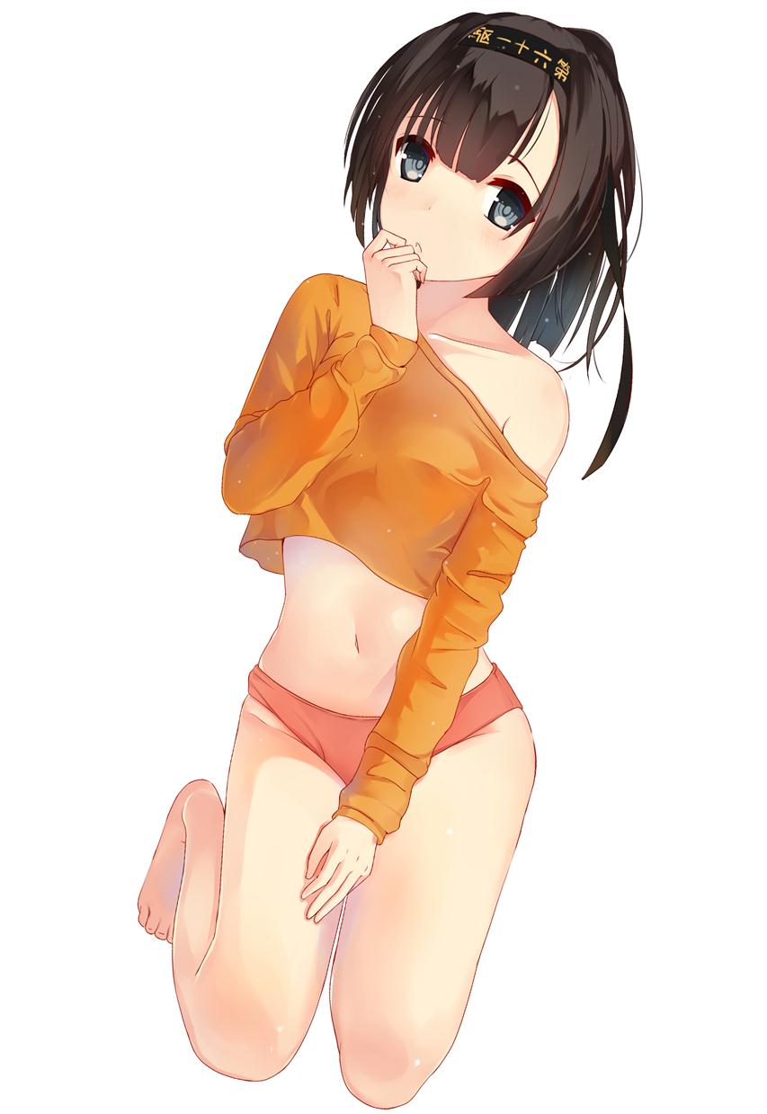 1girl akizuki_(kantai_collection) alternate_costume alternate_hairstyle bangs bare_shoulders barefoot black_hair blush casual closed_mouth clothes_writing collarbone crop_top frown full_body gin00 hairband hand_to_own_mouth head_tilt highres kantai_collection kneeling long_hair long_sleeves looking_at_viewer midriff navel no_pants off_shoulder panties red_panties simple_background small_breasts solo stomach underwear white_background