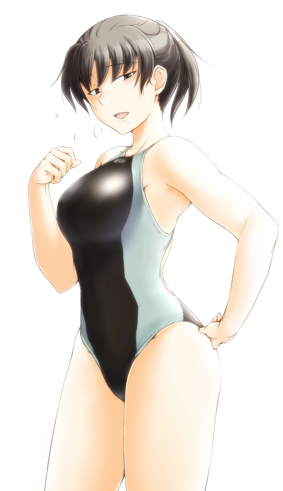 1girl adjusting_clothes adjusting_swimsuit amagami black_eyes black_hair breasts breath competition_swimsuit hand_on_hip highres large_breasts looking_at_viewer one-piece_swimsuit open_mouth ponytail sasaki_akira_(ugc) short_hair smile solo swimsuit tsukahara_hibiki