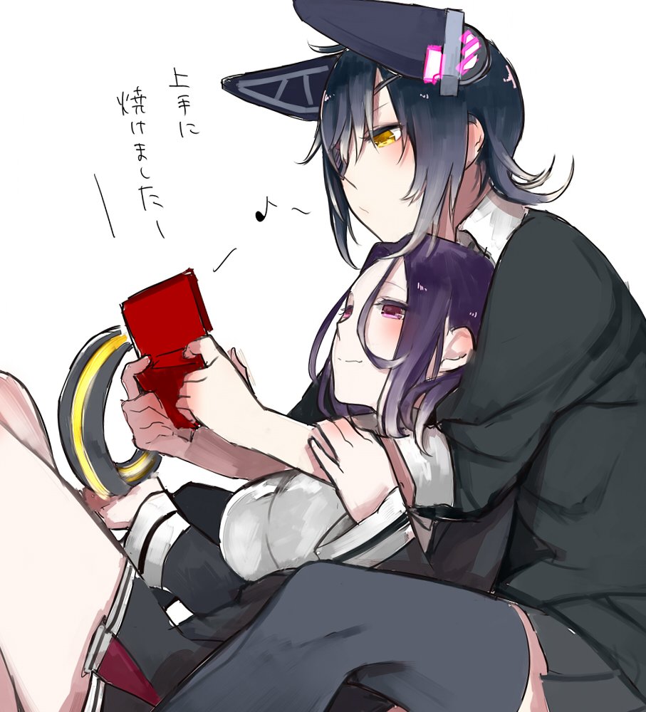 2girls chin_on_head chin_rest eyepatch halo_removed handheld_game_console headgear kantai_collection leaning_on_person mechanical_halo multiple_girls musical_note nintendo_ds playing_games purple_hair school_uniform short_hair shuu-0208 sitting tatsuta_(kantai_collection) tenryuu_(kantai_collection) thigh-highs translation_request violet_eyes yellow_eyes