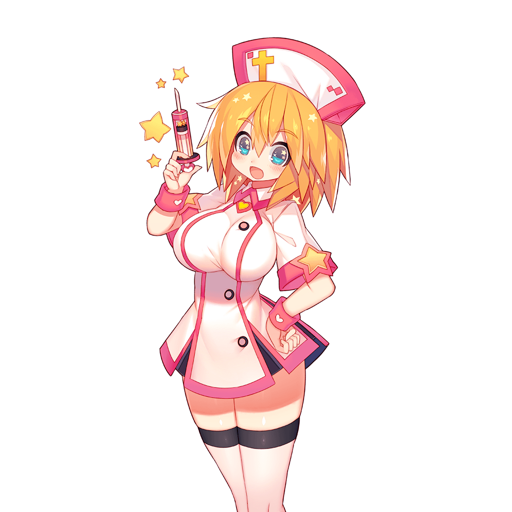 1girl blonde_hair blue_eyes blush breasts buttons crossover hand_on_hip hat heart large_breasts looking_at_viewer mamuru nurse nurse_cap open_mouth short_sleeves smile solo standing star syringe thigh-highs transparent_background uchi_no_hime-sama_ga_ichiban_kawaii wristband