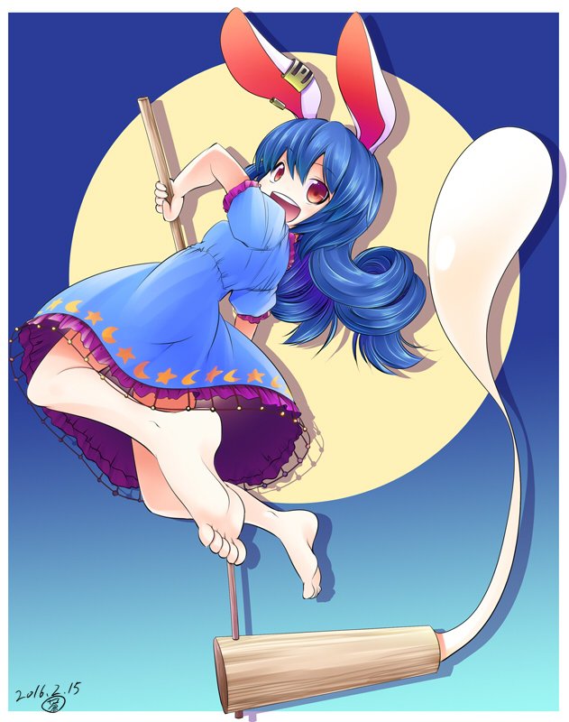 1girl animal_ears aozora_market bare_shoulders blue_hair food jumping mallet mochi open_mouth rabbit_ears red_eyes seiran_(touhou) solo touhou wagashi