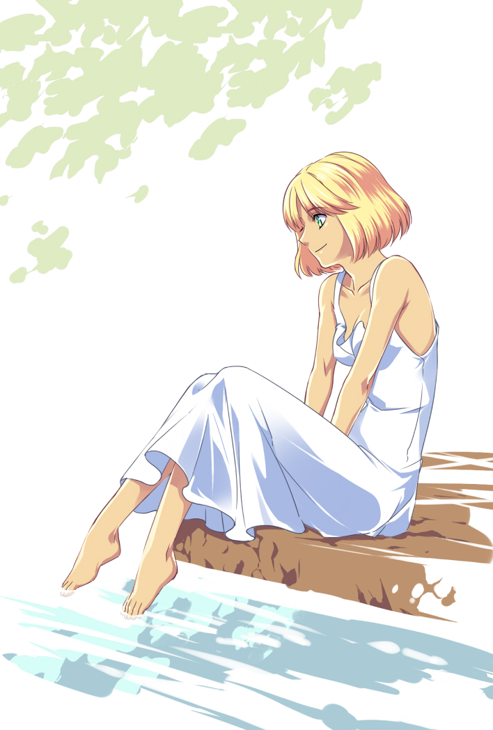 1girl bangs barefoot blonde_hair blue_eyes character_request collarbone copyright_request dress flat_chest full_body kanikame river smile solo white_dress
