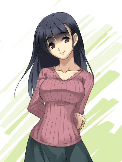 1girl arm_behind_back bangs black_hair breasts brown_eyes character_request collarbone hand_on_own_arm kanikame metal_max ribbed_sweater skirt smile solo sweater