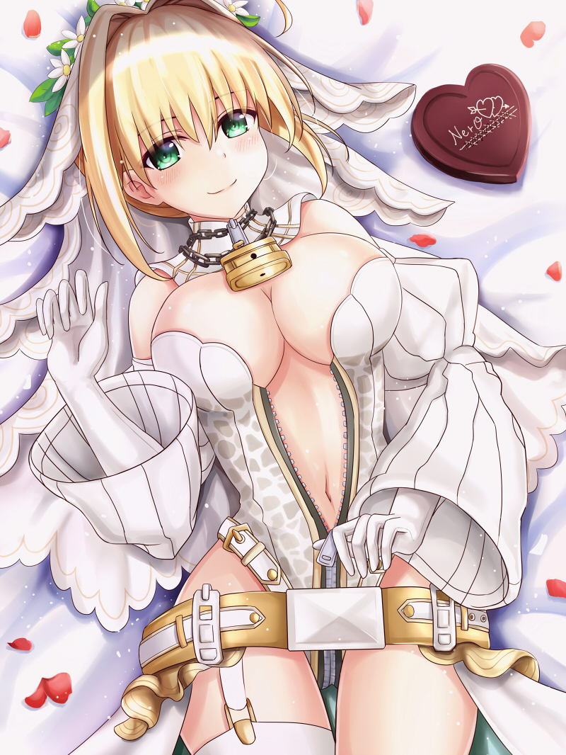 1girl belt blonde_hair bodysuit breasts center_opening chain cleavage fate/grand_order fate_(series) gloves green_eyes lock padlock saber_bride solo xyomouse zipper