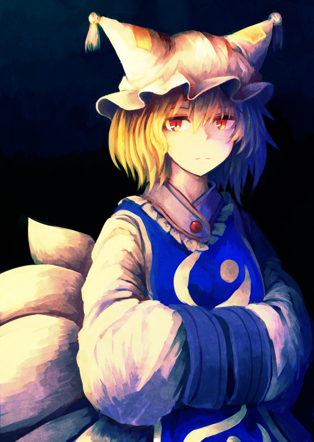 1girl akaiha_(akaihagusk) animal_ears blonde_hair dress fox_ears fox_tail gradient gradient_background hands_in_sleeves hat long_sleeves looking_at_viewer mob_cap multiple_tails pillow_hat red_eyes short_hair slit_pupils solo tabard tail tassel touhou upper_body white_dress wide_sleeves yakumo_ran