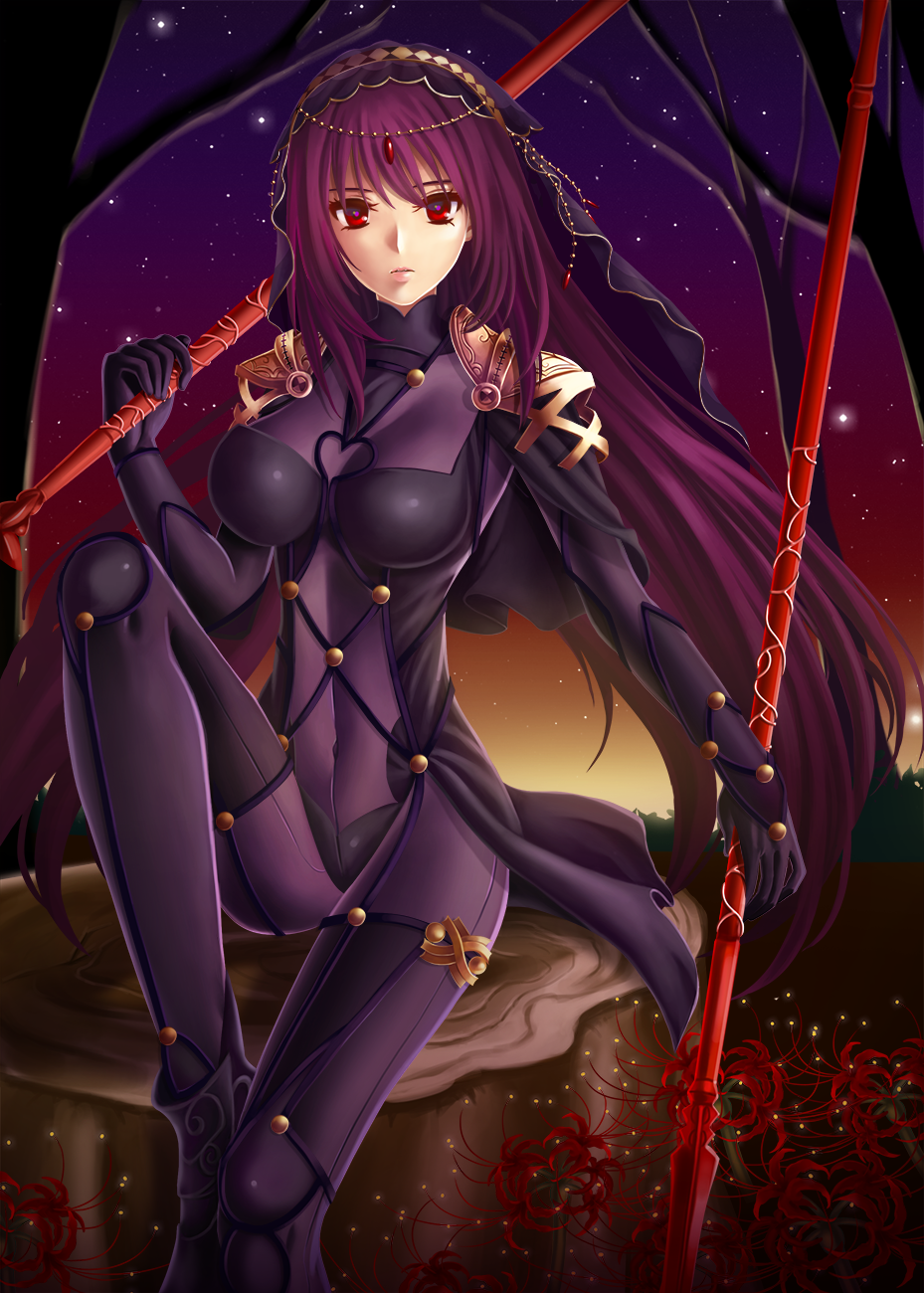 1girl ankle_boots armor armored_boots bare_tree bodysuit boots breasts covered_navel dual_wielding expressionless fate/grand_order fate_(series) gae_bolg gem headpiece heart highres knee_up lips long_hair nokapi outdoors parted_lips plant purple_hair red_eyes ruby_(stone) scathach_(fate/grand_order) shoulder_pads sitting skin_tight solo tree tree_stump tsurime veil very_long_hair wind