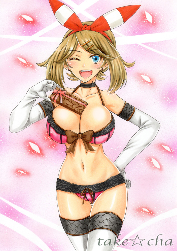 ;d ass_visible_through_thighs bare_shoulders blue_eyes bow bow_bra bow_panties box bra breasts brown_bow brown_hair cleavage collarbone covered_nipples ear_studs earrings elbow_gloves gift gift_box gloves hair_ribbon hairband hand_on_hip haruka_(pokemon) holding_gift jewelry large_breasts lingerie looking_at_viewer marker_(medium) midriff navel one_eye_closed open_mouth panties petals pink_background pink_bow pink_bra pink_panties pokemon pokemon_(game) pokemon_oras red_ribbon ribbon round_teeth short_hair short_twintails simple_background smile stomach takecha teeth thigh-highs thigh_gap thigh_strap traditional_media twintails underwear valentine white_gloves white_legwear