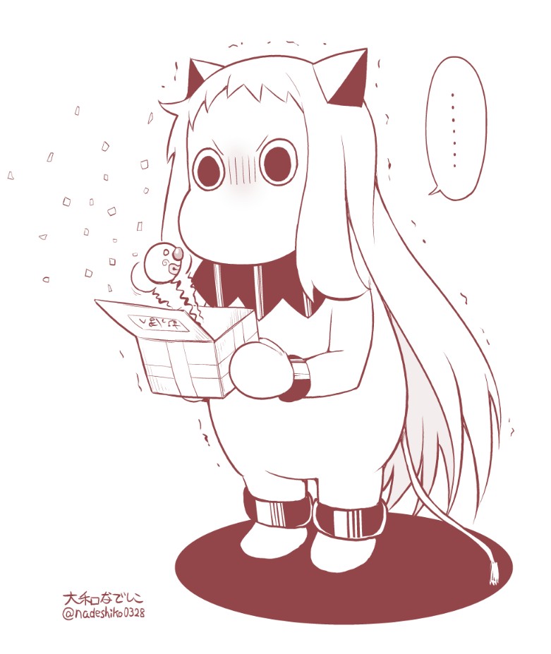 (o)_(o) ... box commentary_request confetti gift gift_box horns kantai_collection long_hair mittens monochrome moomin muppo northern_ocean_hime prank shinkaisei-kan tail translation_request trembling twitter_username yamato_nadeshiko