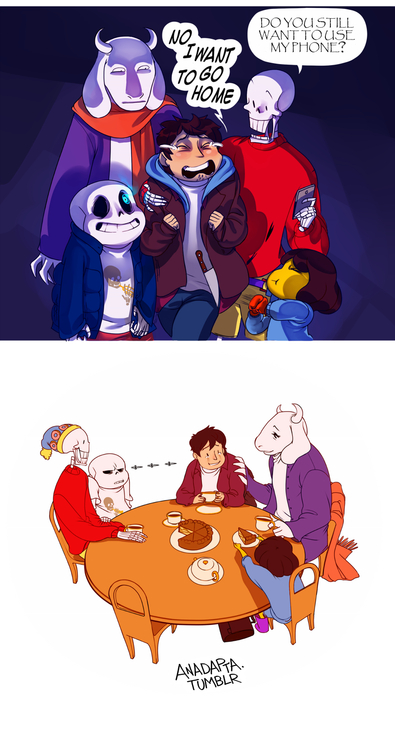 1girl 3boys :t alternate_costume anadapta androgynous brown_hair cellphone comic commentary crying dagger english extra fighting_stance frisk_(undertale) gangster glaring glowing glowing_eye highres hood hoodie horns knife monster_girl multiple_boys nervous_smile papyrus_(font) papyrus_(undertale) phone pie sans scarf skeleton spoilers streaming_tears sweater tea teapot tears toriel undertale weapon