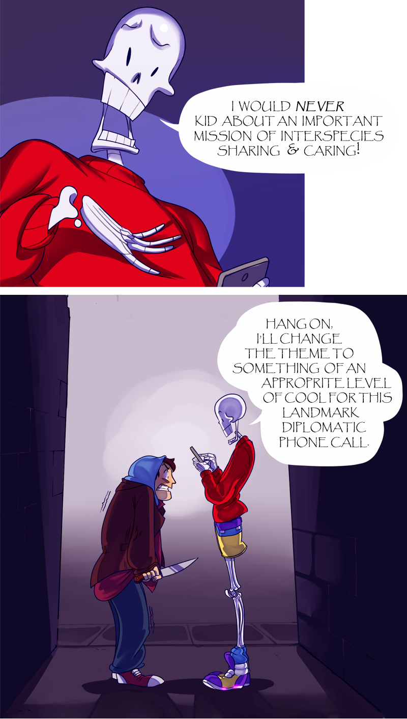 2boys alley anadapta cellphone comic crazy_eyes english extra gangster highres hood hoodie knife multiple_boys papyrus_(font) papyrus_(undertale) phone skeleton spoilers sweater transparent_background trembling undertale