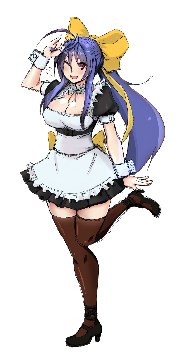 1girl ;d antenna_hair apron arm_up blazblue blazblue_remix_heart blue_hair blush bow breasts cleavage drawfag genderswap hair_bow hand_in_hair heart highres large_breasts long_hair looking_at_viewer mai_natsume maid maid_apron one_eye_closed one_leg_raised open_mouth ponytail red_eyes ribbon shoes short_sleeves smile solo standing_on_one_leg thigh-highs transparent_background very_long_hair wrist_cuffs zettai_ryouiki