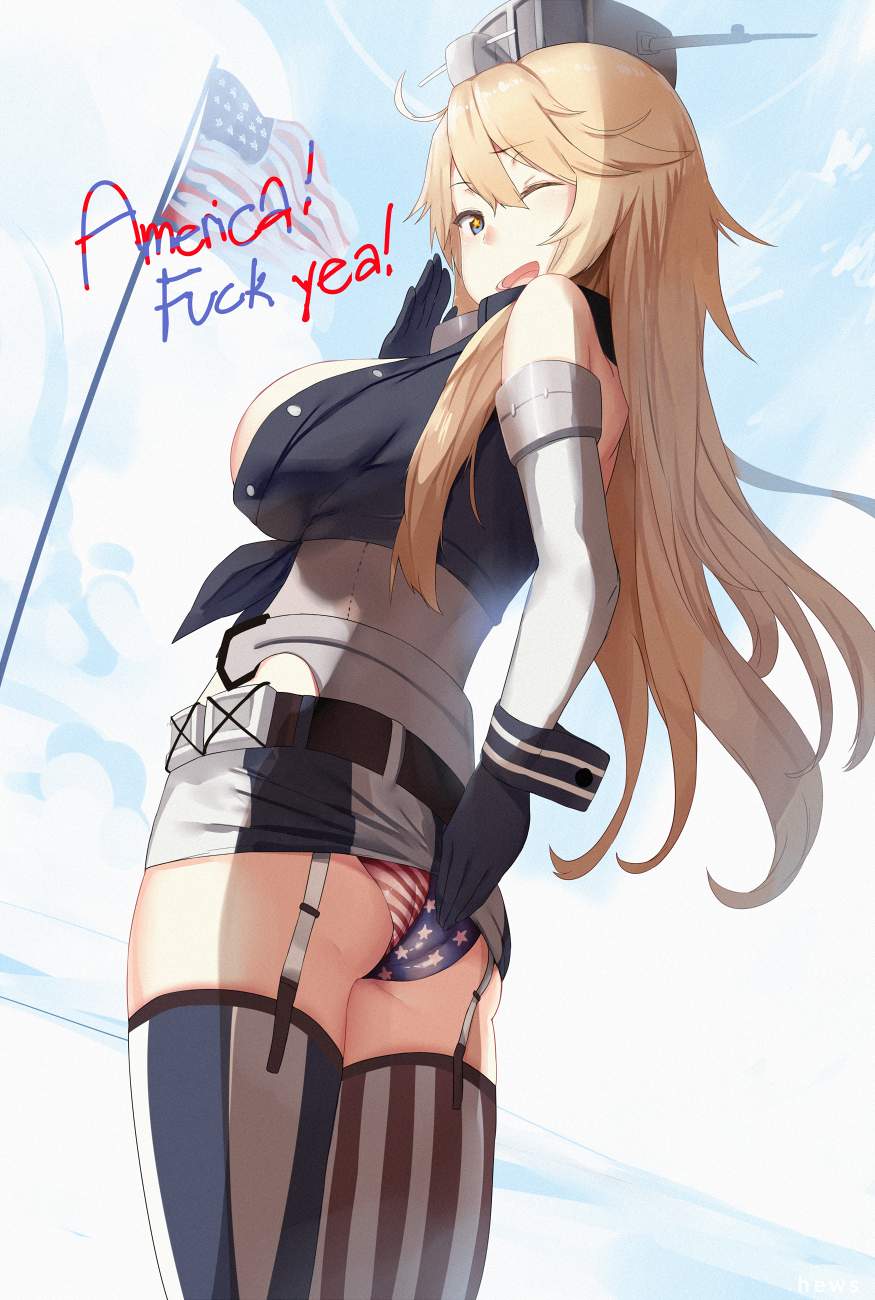 1girl ;d american_flag american_flag_panties antennae armlet belt black_gloves black_shirt blonde_hair blue_sky breasts detached_sleeves flagpole from_behind from_below front-tie_top garter_straps gloves grey_hat hair_between_eyes hat headgear hews_hack highres iowa_(kantai_collection) kantai_collection large_breasts long_hair long_sleeves looking_at_viewer mismatched_legwear one_eye_closed open_mouth outdoors panties shirt sideboob sky smile solo star star-shaped_pupils star_print striped striped_legwear striped_panties symbol-shaped_pupils teeth tsurime underbust underwear vertical-striped_legwear vertical_stripes very_long_hair wrist_cuffs