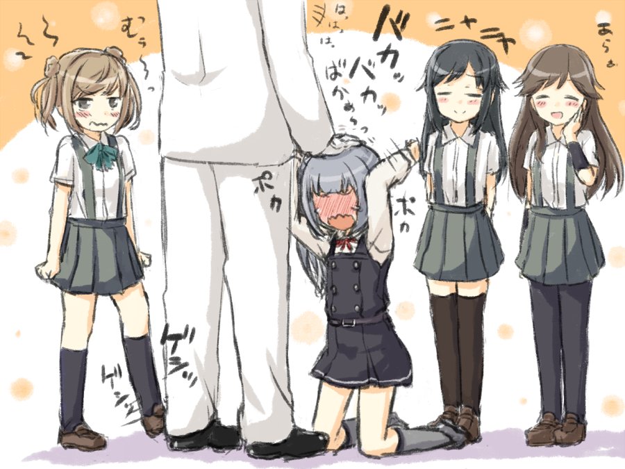 1boy 4girls :d ^_^ admiral_(kantai_collection) arashio_(kantai_collection) arm_warmers asashio_(kantai_collection) black_hair black_legwear blush brown_hair brown_legwear closed_eyes closed_mouth commentary_request double_bun engiyoshi full-face_blush grey_hair kantai_collection kasumi_(kantai_collection) kneehighs long_hair long_sleeves michishio_(kantai_collection) military military_uniform multiple_girls open_mouth pantyhose petting pleated_skirt remodel_(kantai_collection) short_hair short_sleeves skirt smile suspenders thigh-highs translation_request uniform wavy_mouth