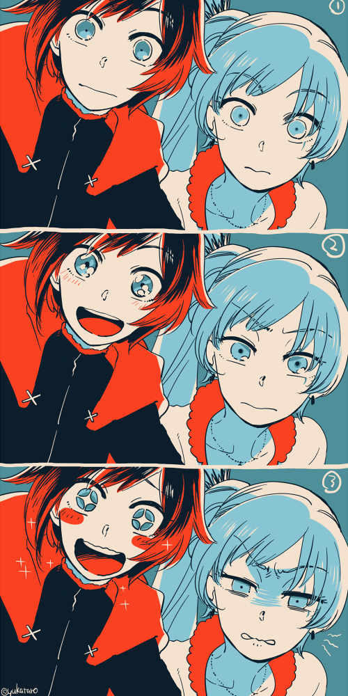 2girls :d :| angry black_hair hood jewelry long_hair multiple_girls necklace open_mouth ruby_rose rwby short_hair side_ponytail smile sparkle surprised wavy_mouth weiss_schnee yukataro