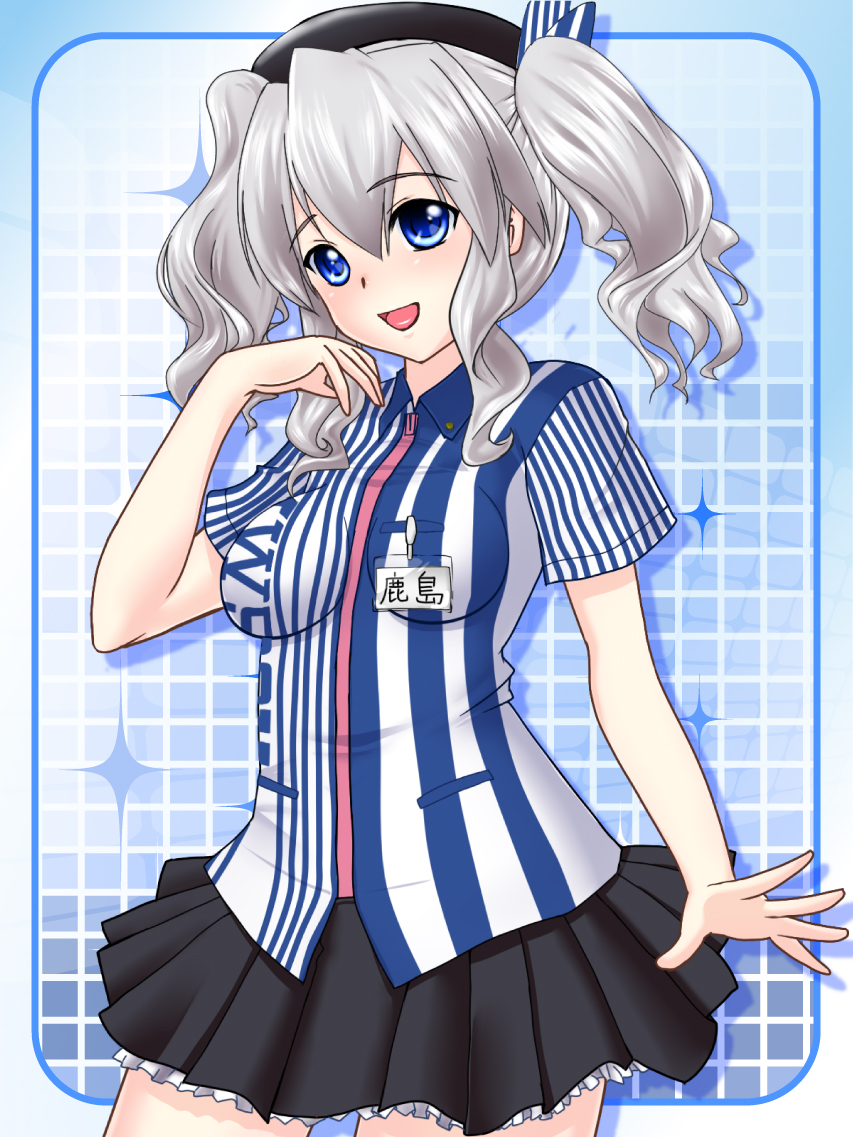 1girl blue_eyes employee_uniform hat impossible_clothes kantai_collection kashima_(kantai_collection) lawson long_hair silver_hair standing twintails uniform watakinu
