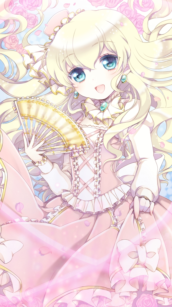 1girl :d blonde_hair blue_eyes bow brooch coco_(otoca_d'or) cowboy_shot dress earrings fan flower frills hat highres jewelry long_hair looking_at_viewer open_mouth otoca_d'or pink_dress pink_hat pink_rose ro_(igris-geo) rose smile solo white_bow