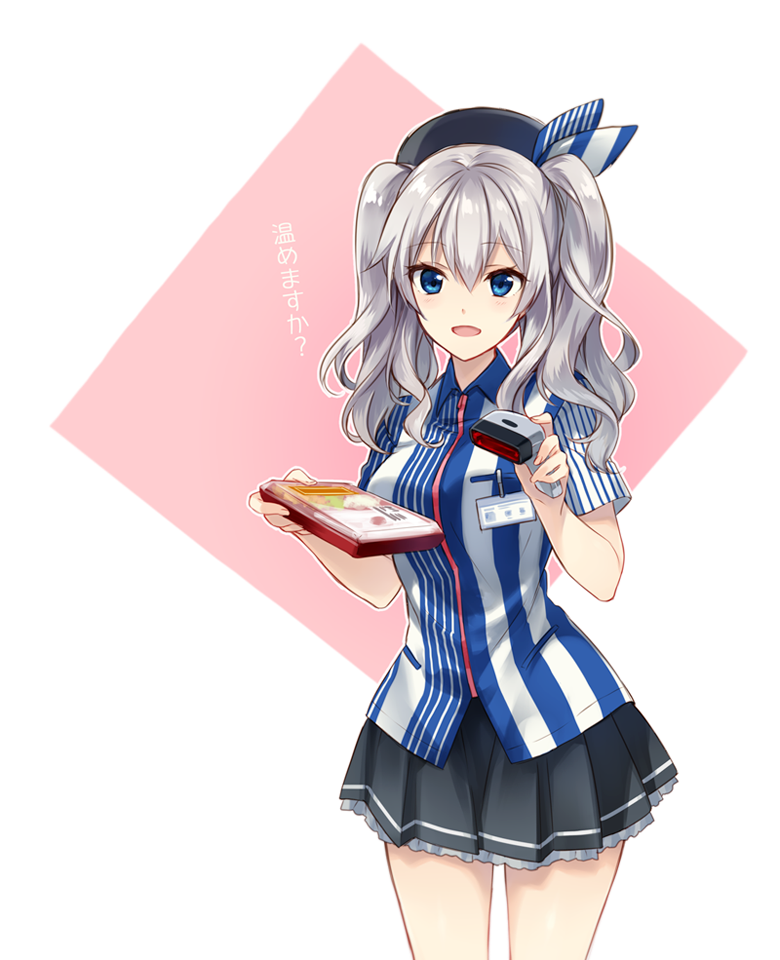 1girl barcode_scanner beret blue_eyes employee_uniform hat ima_(luce365) kantai_collection kashima_(kantai_collection) lawson long_hair open_mouth silver_hair smile twintails uniform wavy_hair