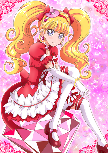 1girl asahina_mirai blonde_hair bow cure_miracle earrings full_body gem hair_bow hanzou hat jewelry long_hair looking_at_viewer magical_girl mahou_girls_precure! mary_janes mini_hat mini_witch_hat pink_background pink_hat precure puffy_sleeves red_bow red_shoes ruby_style shoes sitting skirt smile solo star thigh-highs twintails violet_eyes white_legwear witch_hat