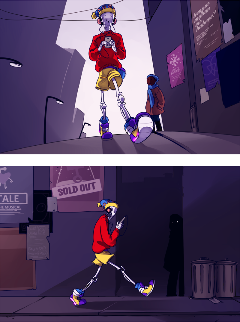 2boys alley anadapta city comic digital_media_player extra gangster hat headphones lamppost mettaton multiple_boys ominous_shadow papyrus_(undertale) poster_(object) shoes shorts skeleton sneakers spoilers sweater telephone_pole trash_can undertale