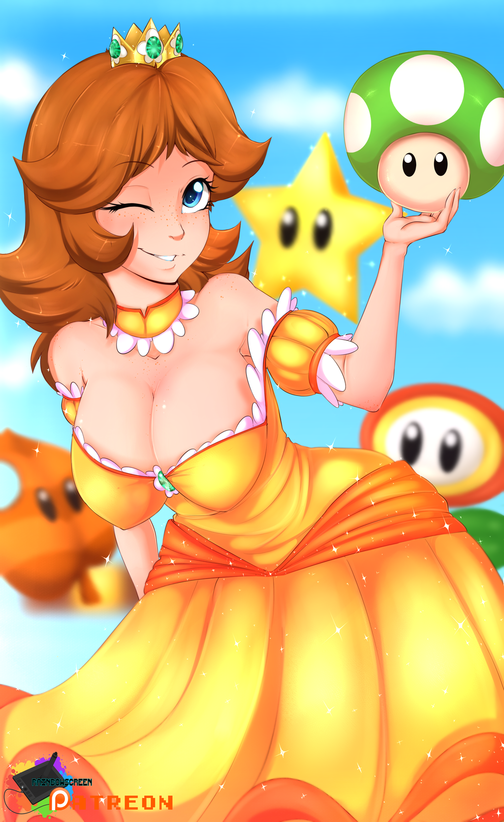 1girl 1up ;d armpits bare_shoulders bent_over black_eyes blue_eyes blue_sky blurry blurry_background blush breasts brooch collarbone cowboy_shot crown depth_of_field detached_collar downblouse dress fire_flower freckles gem glint hanging_breasts highres holding jewelry large_breasts looking_at_viewer super_mario_bros. mushroom off-shoulder_dress off_shoulder one_eye_closed open_mouth parted_lips power_star princess_daisy puffy_short_sleeves puffy_sleeves rainbowscreen sapphire_(stone) short_hair short_sleeves sky smile smiley_face solo sparkle standing super_leaf super_mario_bros. teeth
