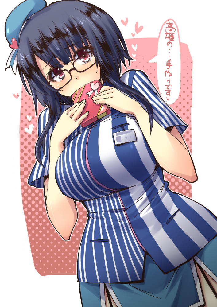 1girl bangs beret bespectacled black-framed_glasses black_hair blue_hat blue_skirt blunt_bangs blush box breasts character_request covering_mouth dress_shirt employee_uniform garter_straps gift gift_box glasses hat heart kantai_collection large_breasts lawson looking_at_viewer name_tag red_eyes shinshin shirt short_hair_with_long_locks side_slit simple_background skirt solo speech_bubble talking uniform valentine