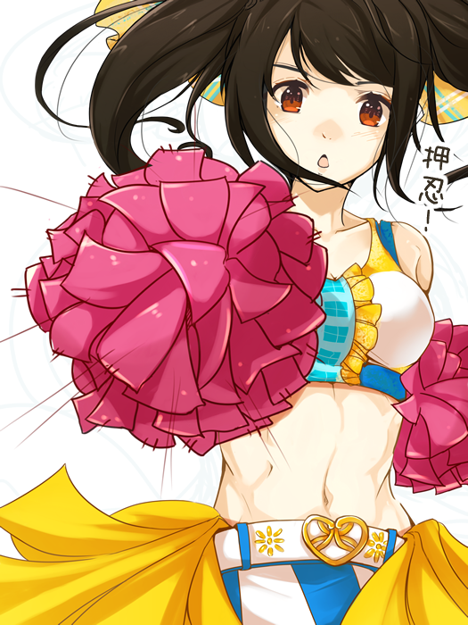 1girl black_hair blush brown_eyes cheerleader idolmaster idolmaster_cinderella_girls long_hair midriff nakano_yuka nira_(vira) open_mouth pom_poms solo twintails