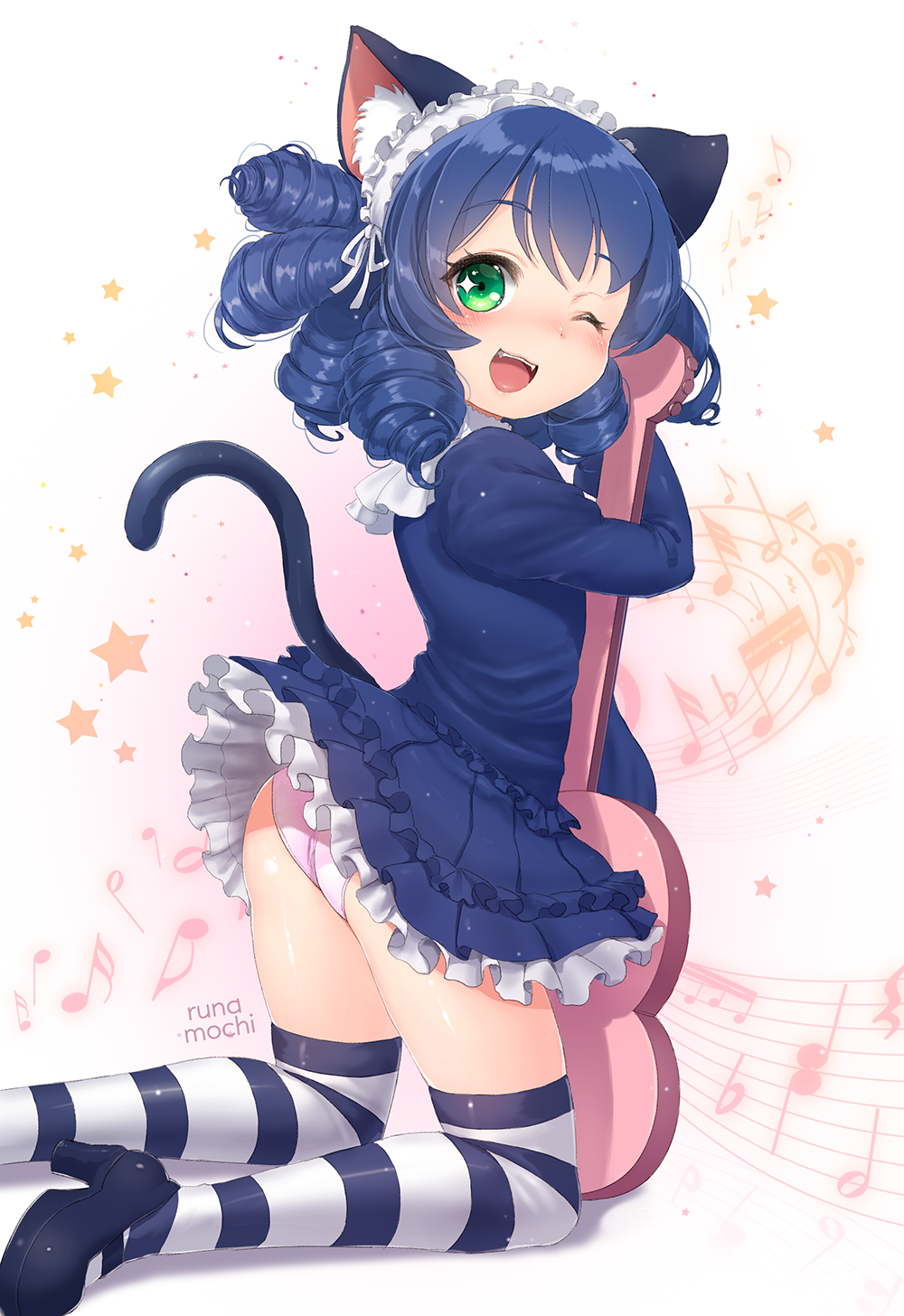 1girl :d animal_ears artist_name blue_hair blush cat_ears cyan_(show_by_rock!!) fang from_behind green_eyes guitar headdress highres instrument kneeling looking_back musical_note one_eye_closed open_mouth panties pantyshot pink_panties ringlets runamochi show_by_rock!! skirt smile solo striped striped_legwear tail thigh-highs underwear