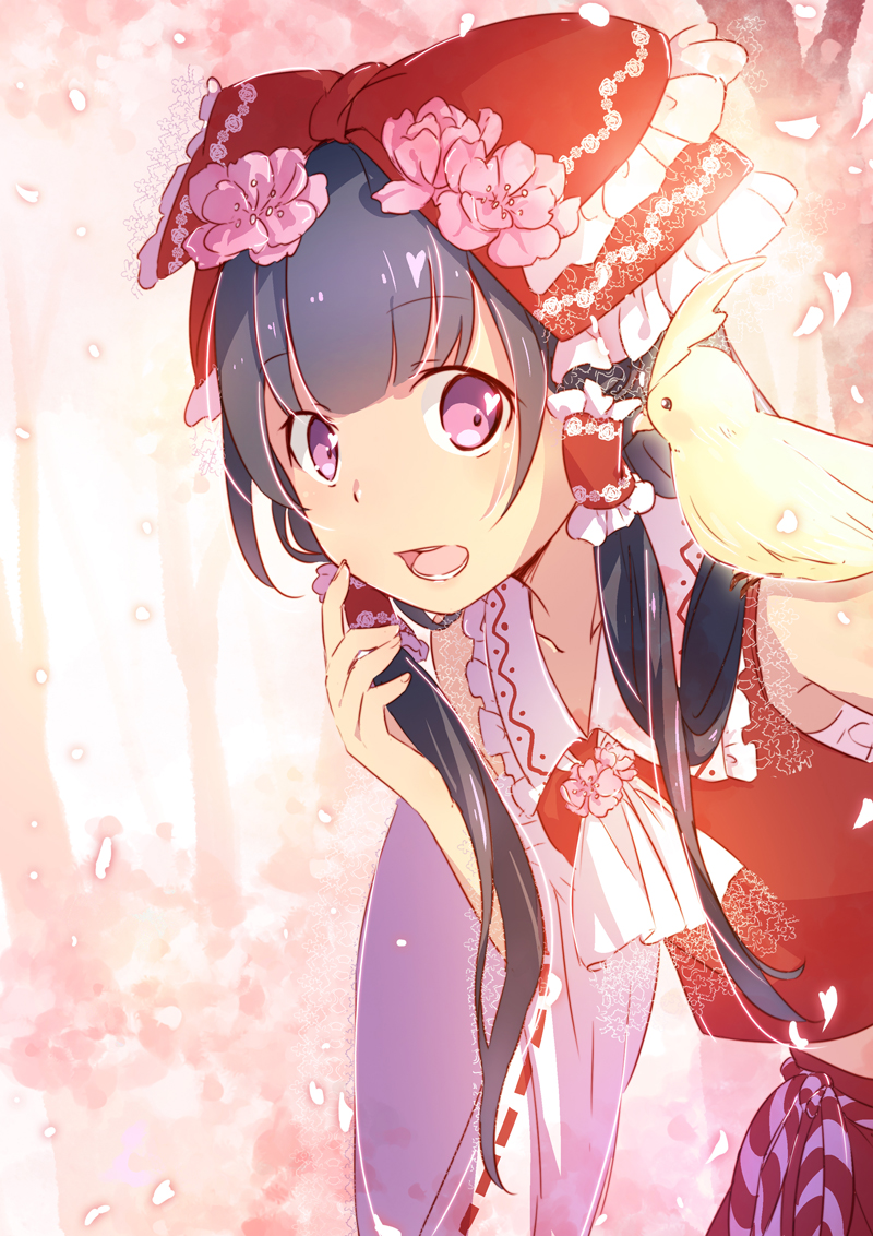 1girl alternate_eye_color alternate_hair_length alternate_hairstyle animal animal_on_shoulder ascot bird_on_shoulder black_hair bow cherry_blossoms collar collarbone detached_sleeves fingernails floral_print flower forest frilled_bow frilled_collar frills hair_bow hair_flower hair_ornament hair_tubes hakurei_reimu hand_up heart leaning_forward long_hair looking_at_another midriff nature nekito open_mouth red_skirt ribbon-trimmed_sleeves ribbon_trim sarashi shiny shiny_hair skirt solo teeth tongue touhou tree violet_eyes wide_sleeves