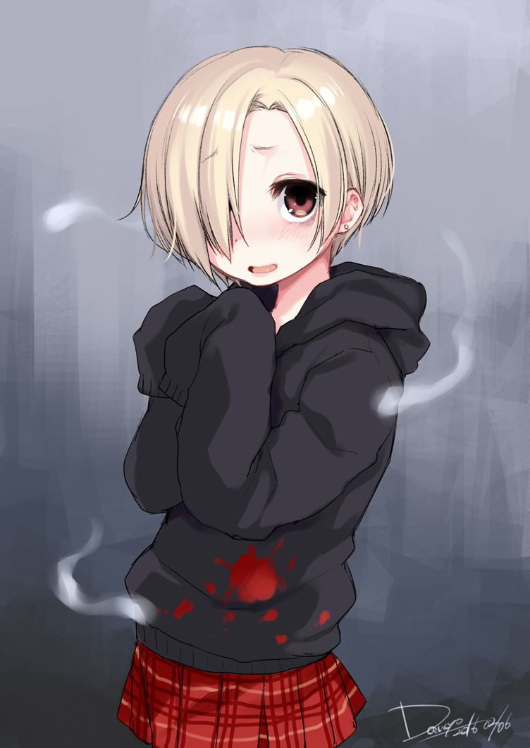 1girl blonde_hair blush cowboy_shot dancho_(dancyo) ear_piercing hair_over_one_eye hood hoodie idolmaster idolmaster_cinderella_girls looking_at_viewer open_mouth piercing plaid plaid_skirt red_eyes shirasaka_koume short_hair simple_background skirt sleeves_past_wrists solo