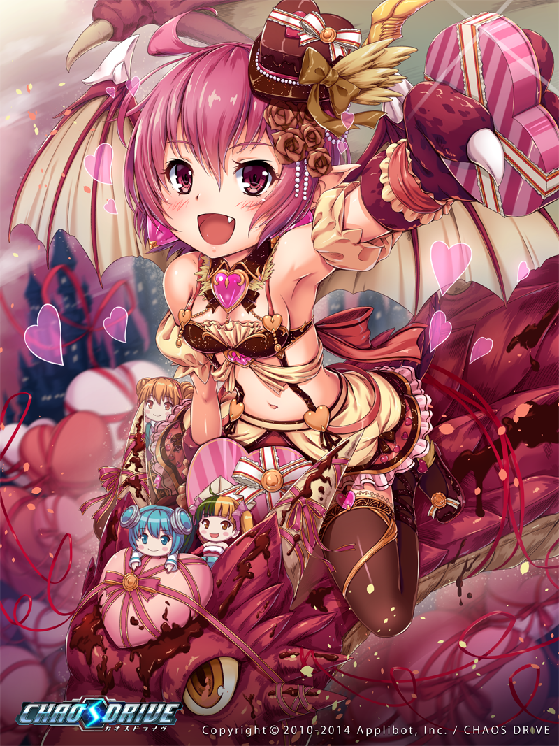 1girl :d blush breasts brown_legwear chaos_drive character_doll chocolate dragon dragon_girl dragon_wings fang flower food_themed_clothes frilled_skirt frills gift hair_flower hair_ornament hat heart looking_at_viewer mini_hat mini_top_hat official_art open_mouth original purple_hair ribbon riding sakiyamama short_hair skirt smile solo_focus straddling thigh-highs top_hat valentine violet_eyes wings